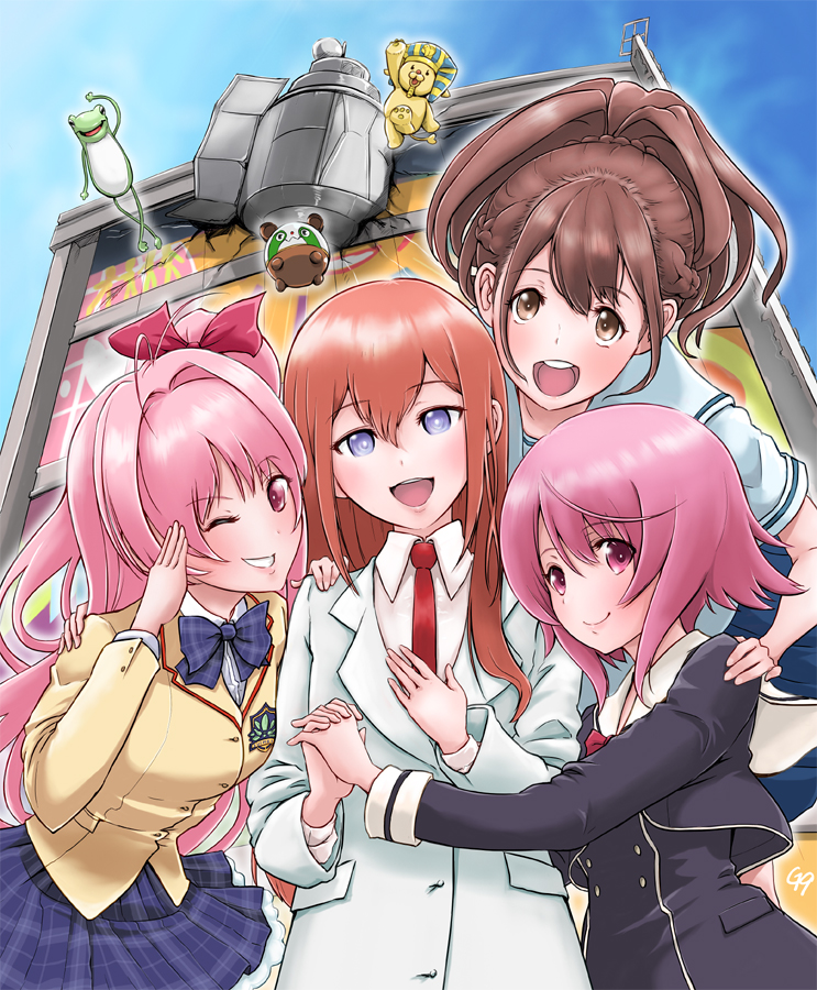 4girls, arm_belt, belt, black_pantyhose, black_shorts, blazer, blue_bow, blue_skirt