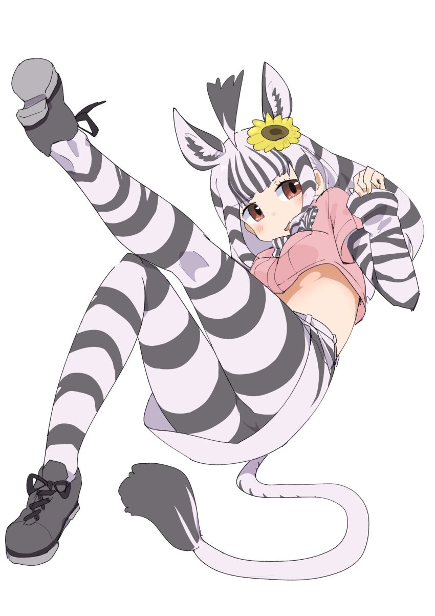 1girl, animal_ears, animal_print, black_hair, black_pantyhose, black_shoes, black_sleeves, blunt_bangs, blush, brown_eyes, brown_shirt, crop_top, extra_ears, flower, hair_flower, hair_ornament, highres, iwa_(iwafish), kemono_friends, long_hair, long_sleeves, midriff, mountain_zebra_(kemono_friends), multicolored_hair, pantyhose, patterned_hair, print_pantyhose, print_sleeves, shirt, shoes, short_sleeves, sidelocks, solo, striped_clothes, striped_hair, striped_pantyhose, striped_sleeves, sunflower, sunflower_hair_ornament, two-tone_hair, two-tone_pantyhose, two-tone_sleeves, white_hair, white_pantyhose, white_sleeves, zebra_ears, zebra_girl, zebra_print, zebra_tail