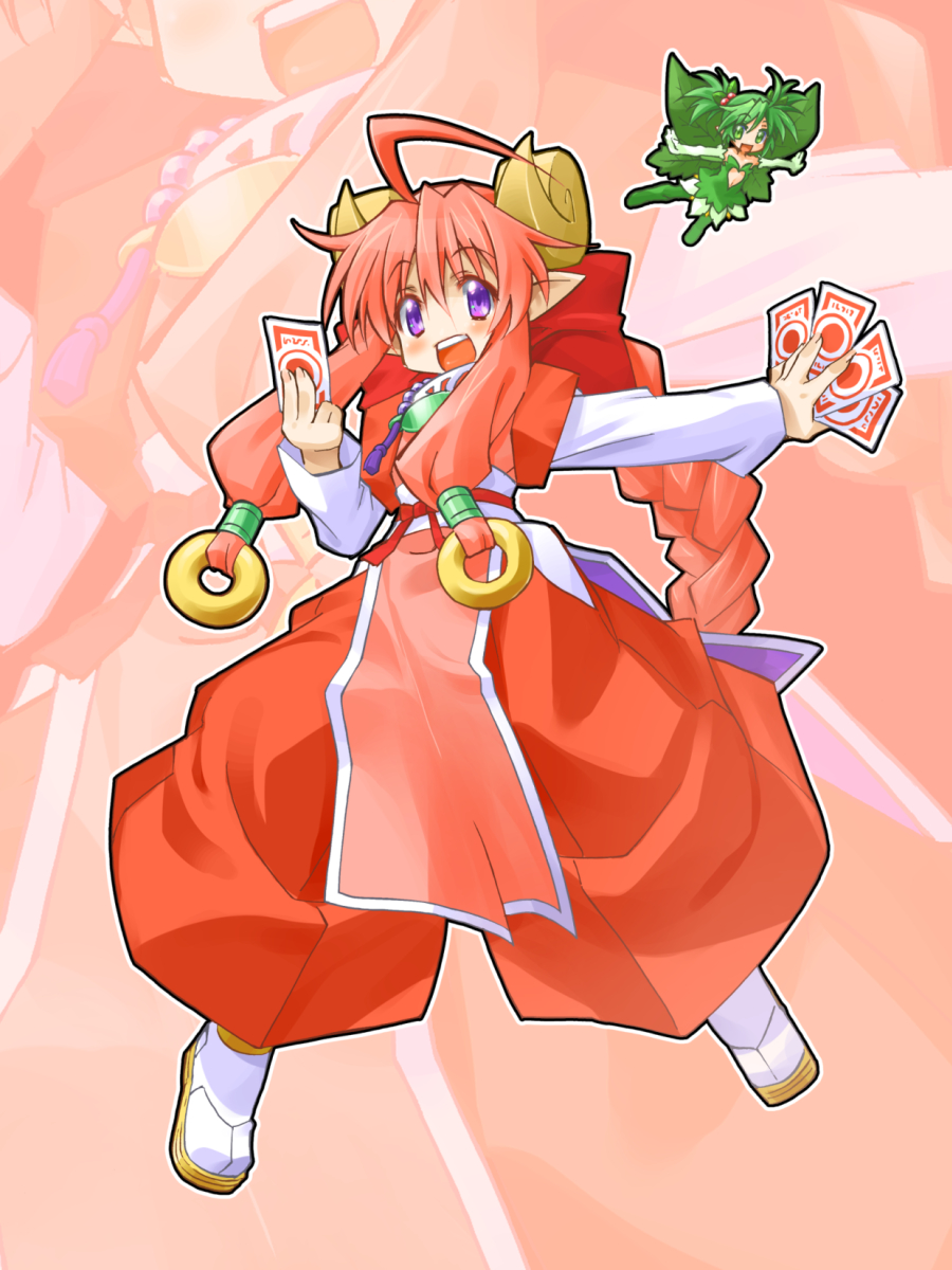 2girls, ahoge, boots, braid, commentary_request, curled_horns, elbow_gloves, fairy