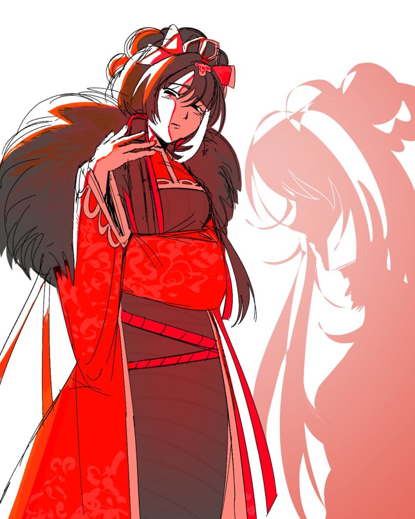 1girl, black_dress, black_hair, chinese_clothes, coat, double_bun, dress, fur-trimmed_coat