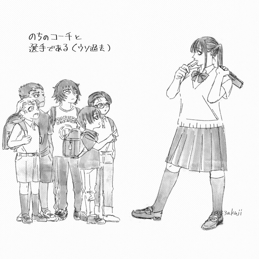 1girl, 5boys, :o, agawa_minako, age_difference, aged_down, alternate_hairstyle, backpack
