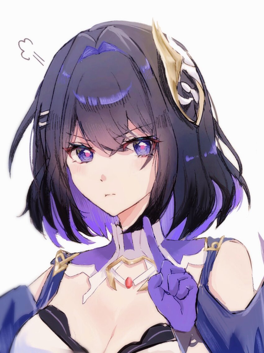 1girl, bare_shoulders, black_hair, blue_eyes, breasts, cleavage, gloves, hair_between_eyes