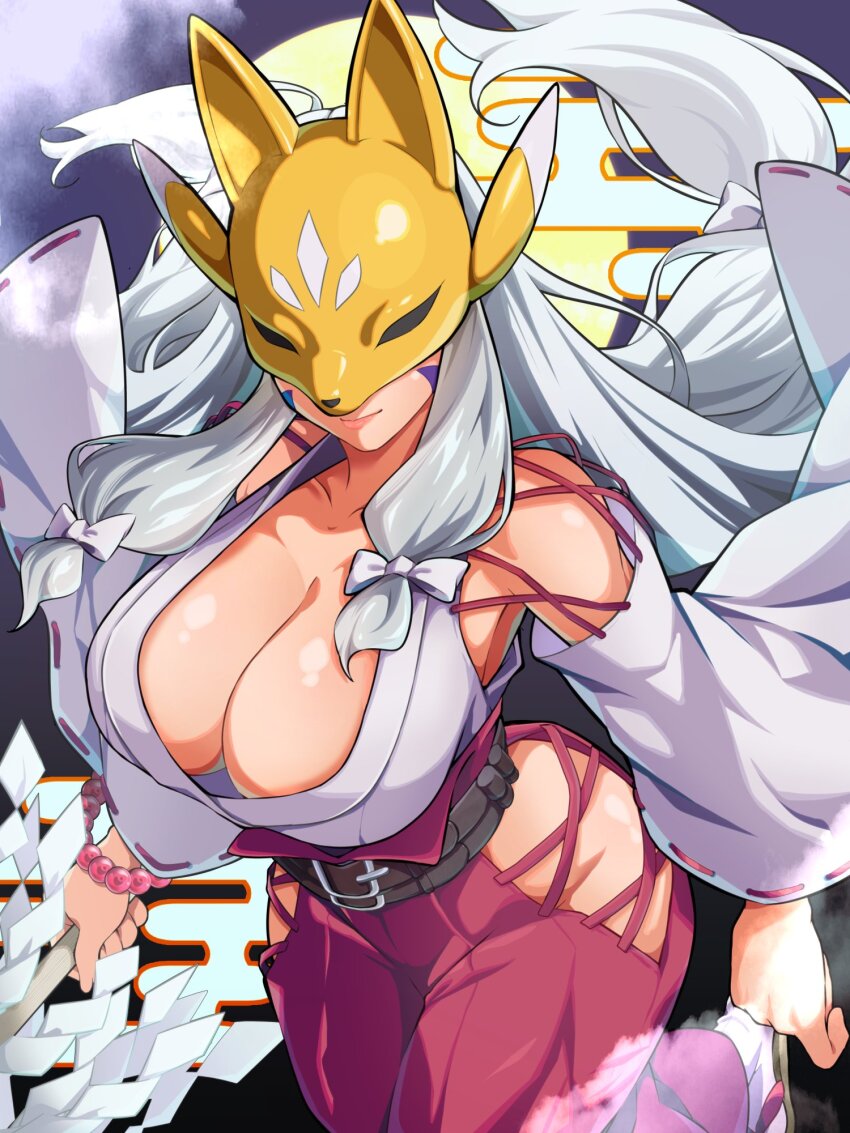 1girl, belt, breasts, cleavage, clothing_cutout, covered_eyes, digimon, digimon_(creature)