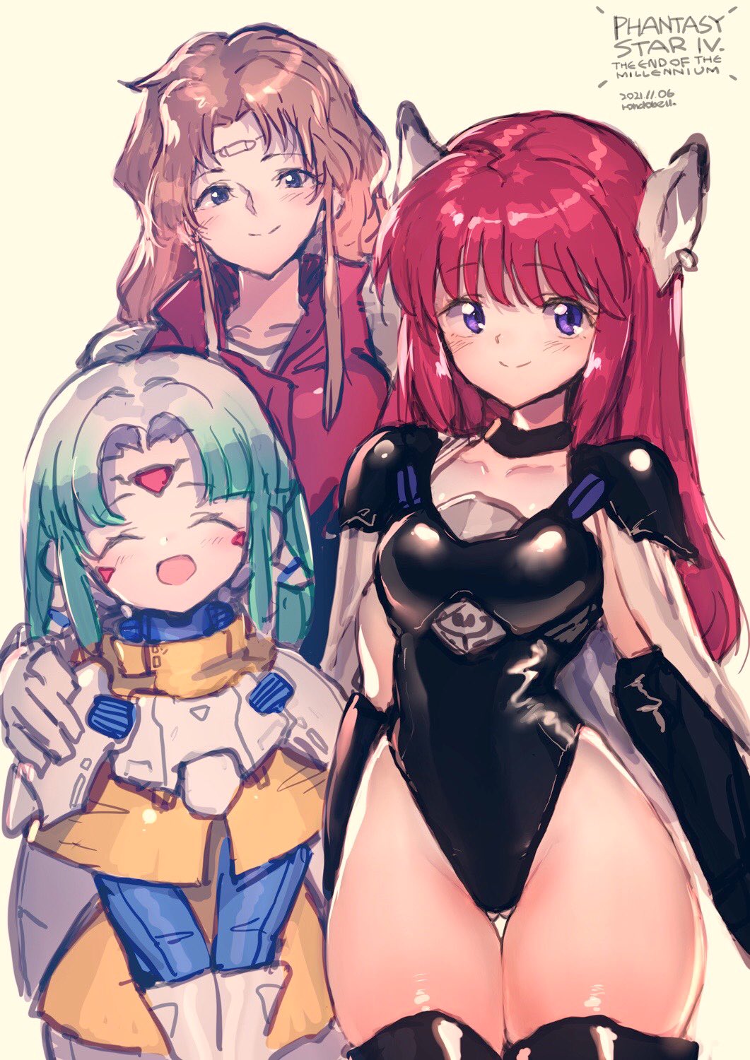 3girls, android, armor, boots, breastplate, brown_hair, cape, choker