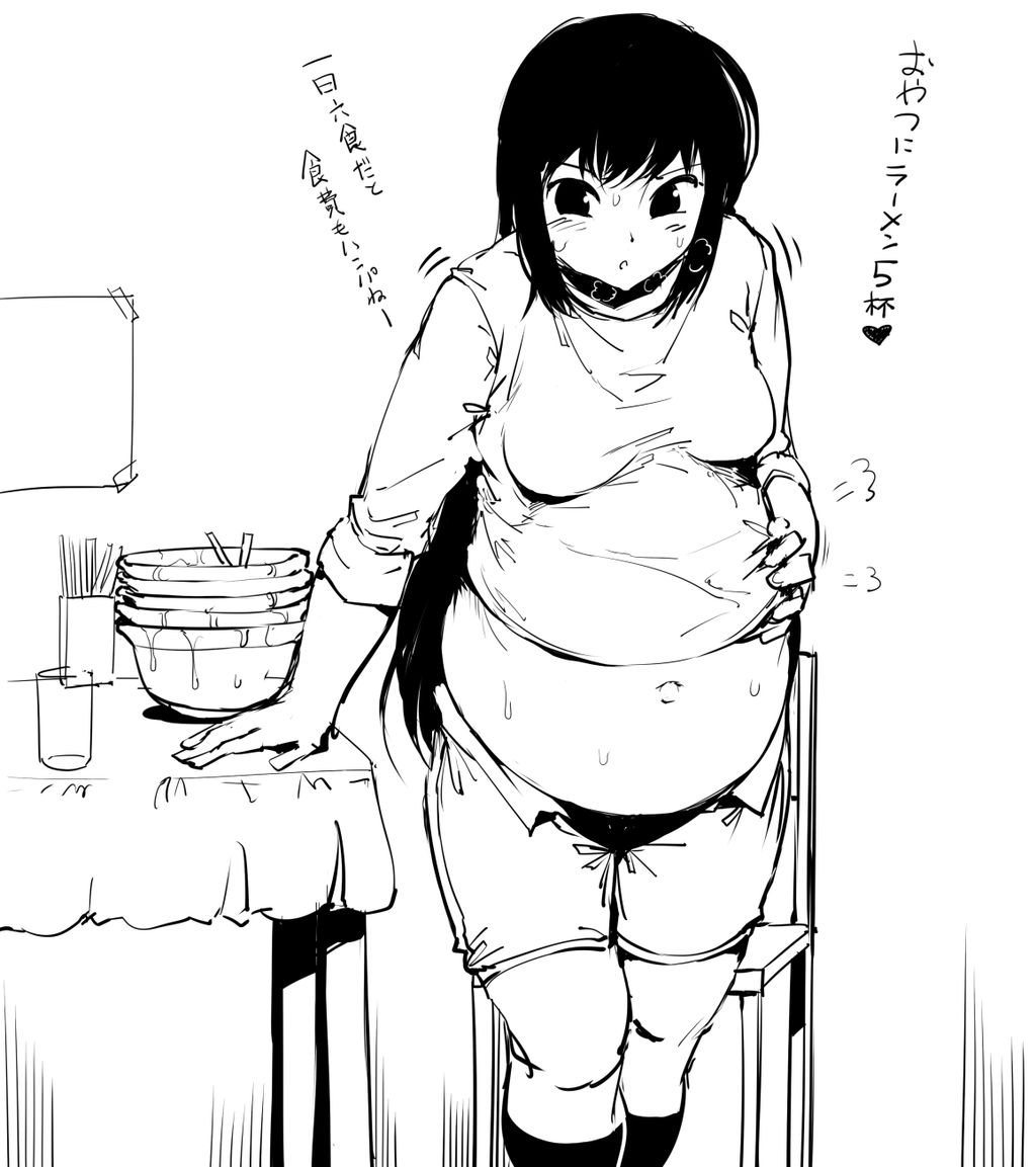 1girl, after_meal, big_belly, black_hair, bloated, breasts, chopsticks, empty_bowl, full_stomach, greyscale, hand_on_own_stomach, heavy_breathing, kumaneko, long_hair, medium_breasts, monochrome, overeating, solo, sweat