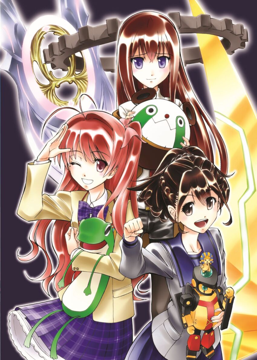 3girls, arm_belt, belt, black_pantyhose, black_shorts, blazer, blue_sailor_collar, blue_skirt