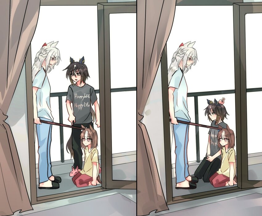 3girls, aged_down, angry, b_lt, balcony, braid, brown_hair, clothes_writing
