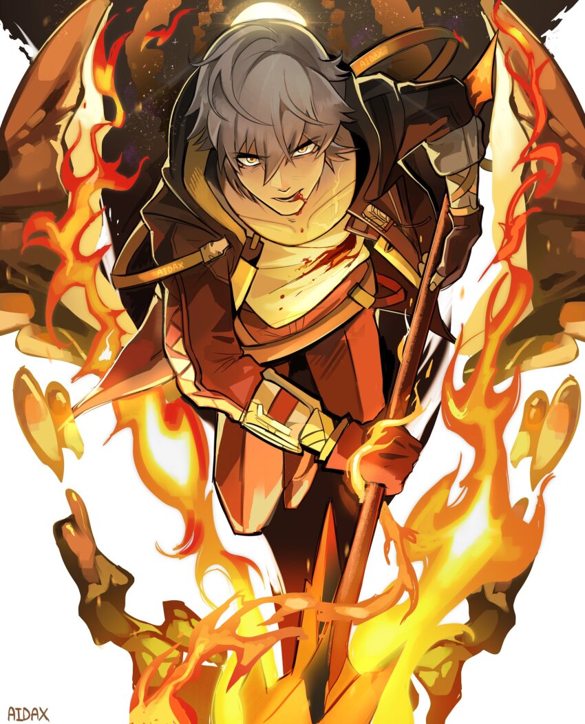 1boy, 1other, adxrn, arm_ribbon, artist_name, bare_shoulders, black_boots, black_coat