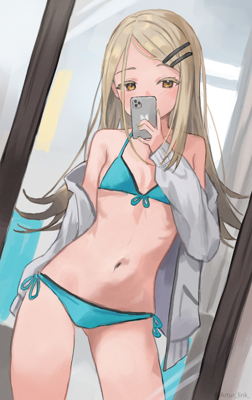 1girl, absurdres, artur_link, bikini, blonde_hair, blue_bikini, breasts, cardigan, collarbone, colored_eyelashes, contrapposto, covered_mouth, cowboy_shot, dutch_angle, flipped_hair, front-tie_bikini_top, front-tie_top, full-length_mirror, gakuen_idolmaster, grey_cardigan, hair_ornament, hairclip, highres, holding, holding_phone, idolmaster, indoors, kimi_to_semi_blue_(idolmaster), long_hair, looking_at_viewer, mirror, mirror_selfie, navel, parted_bangs, phone, reflection, reflection_focus, ribs, selfie, shinosawa_hiro, side-tie_bikini_bottom, small_breasts, solo, standing, stomach, swimsuit, taking_picture, thighs, twitter_username, very_long_hair
