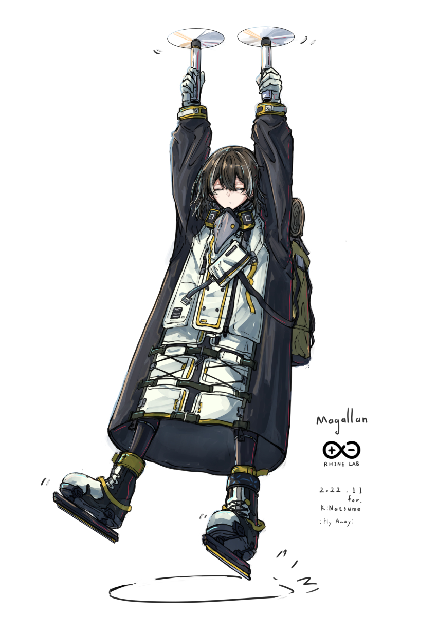 1girl, absurdres, arknights, backpack, bag, black_coat, brown_hair, character_name