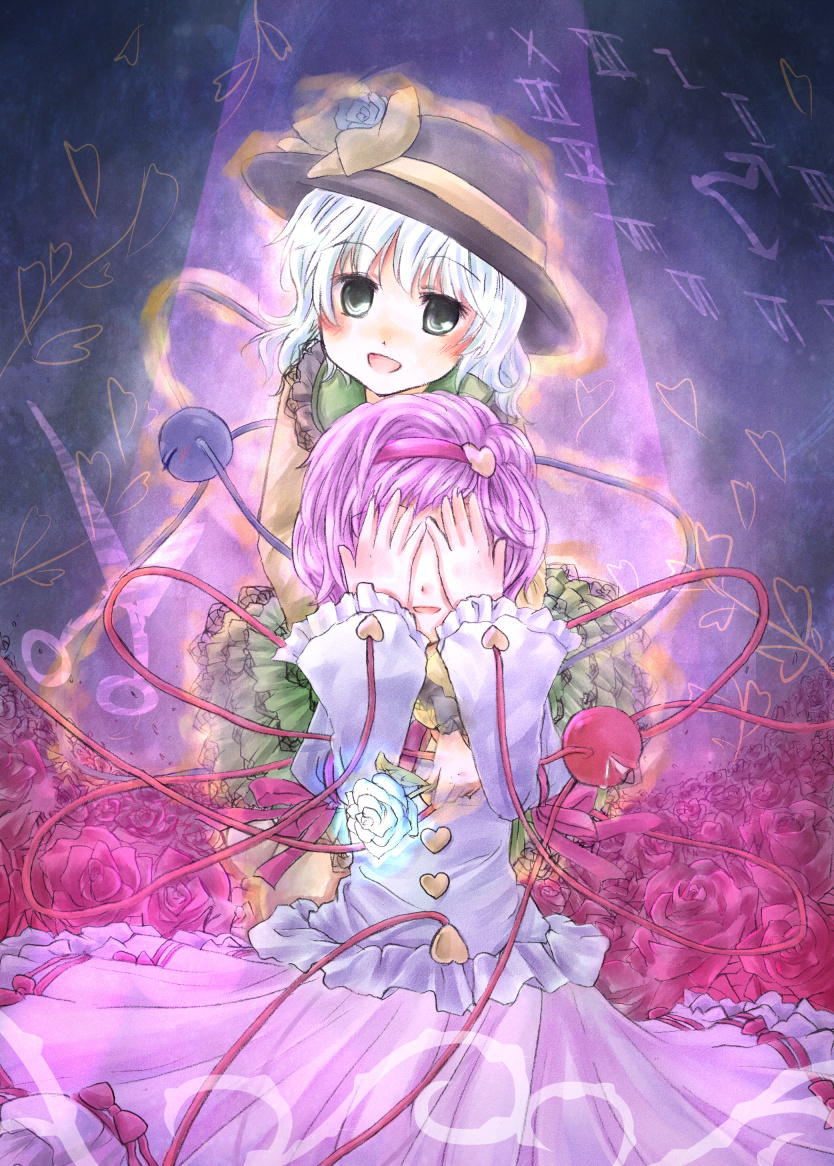 2girls, bad_id, bad_pixiv_id, blush, covering_privates, covering_face, covering_own_eyes, eyeball