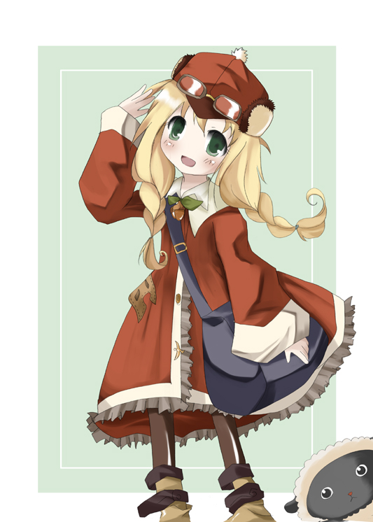 1girl, 2000s_(style), :d, acorn, anette_(rune_factory), bag, blonde_hair, braid, fur_trim, goggles, goggles_on_headwear, green_background, green_eyes, hat, ku_rage, leaf, mokomoko_(rune_factory), open_mouth, outside_border, pale_skin, red_hat, rune_factory, rune_factory_frontier, sheep, shoulder_bag, smile, solo_focus, twin_braids