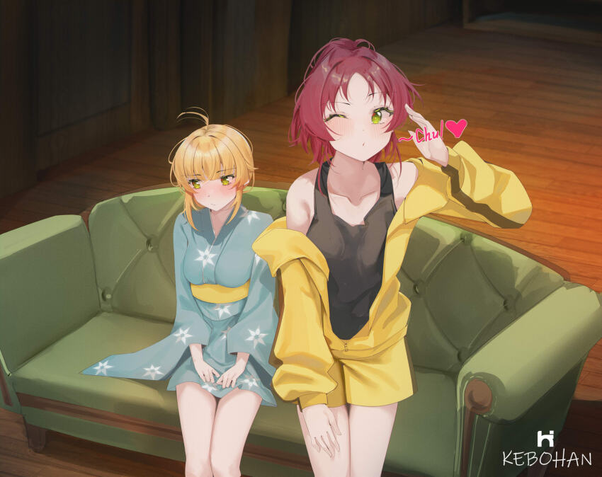 2girls, ahoge, aisha_greyrat, araragi_karen, araragi_karen_(cosplay), araragi_tsukihi, araragi_tsukihi_(cosplay), black_shirt, black_tank_top, blonde_hair, blush, breasts, closed_mouth, collarbone, commentary, commission, cosplay, english_commentary, green_eyes, green_kimono, hand_on_own_thigh, hand_up, heart, highres, indoors, jacket, japanese_clothes, kebohan, kimono, looking_at_viewer, monogatari_(series), multiple_girls, mushoku_tensei, norn_greyrat, obi, off_shoulder, open_clothes, open_jacket, red_hair, salute, sash, shirt, short_hair, short_kimono, shorts, siblings, sisters, sitting, tank_top, track_jacket, unzipped, yellow_jacket, yellow_sash, yellow_shorts