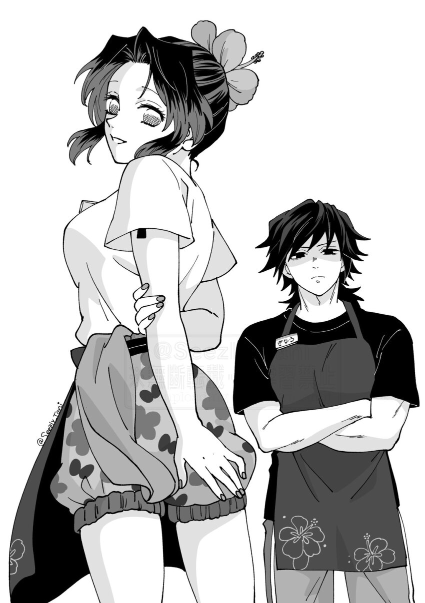 1boy, 1girl, alternate_costume, apron, arm_behind_back, black_shirt, breasts, closed_mouth