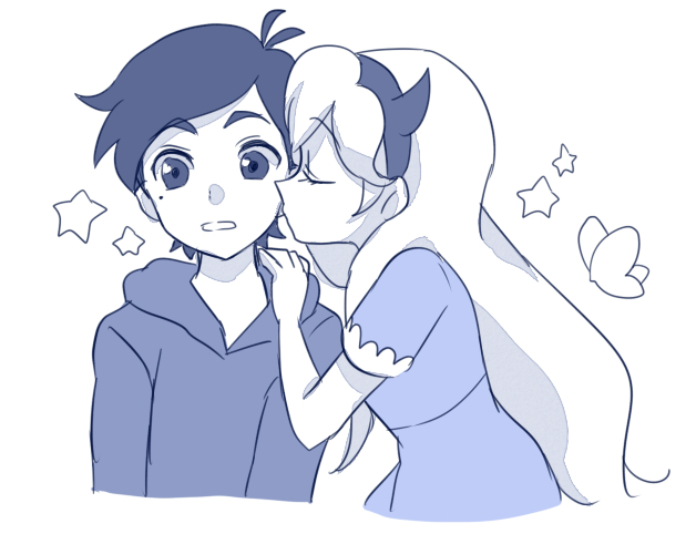 1boy, 1girl, fake_horns, hetero, hood, hoodie, horns, kiss