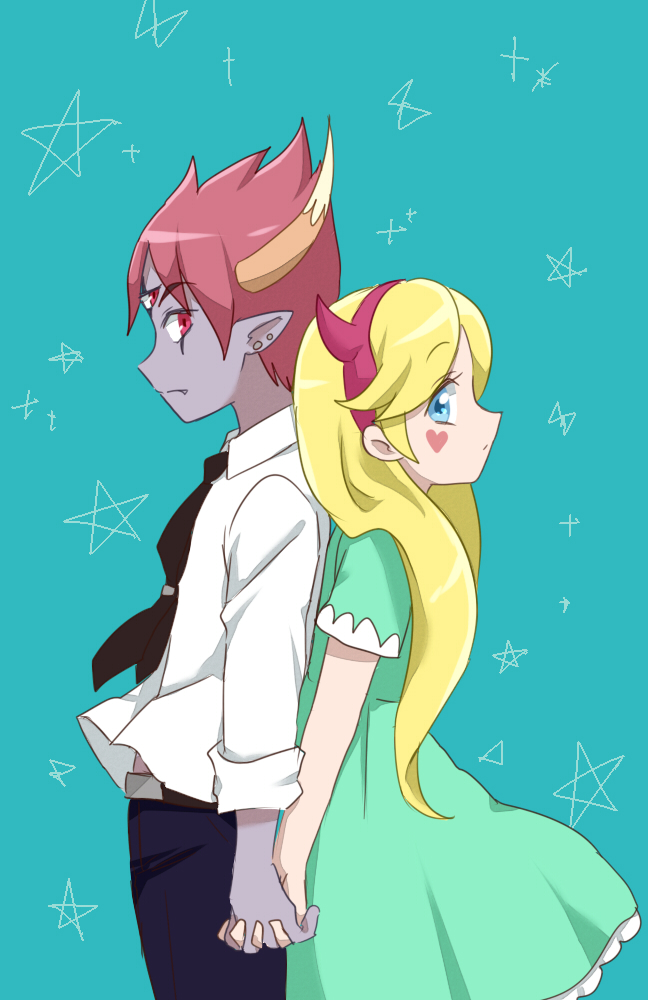 blonde_hair, colored_skin, demon_boy, demon_horns, facial_mark, fake_horns, fang, grey_skin