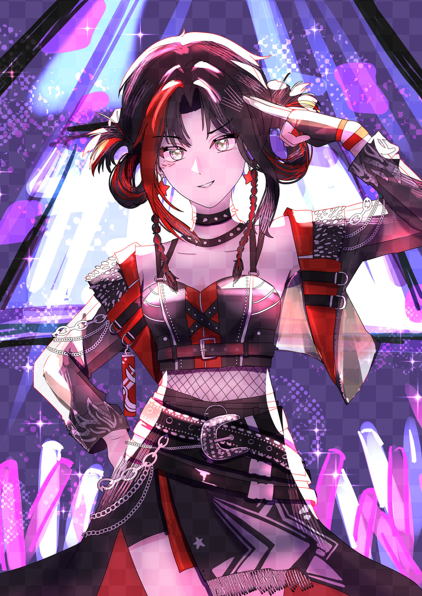 1girl, absurdres, audience, bare_shoulders, belt, belt_buckle, belted_jacket, black_belt