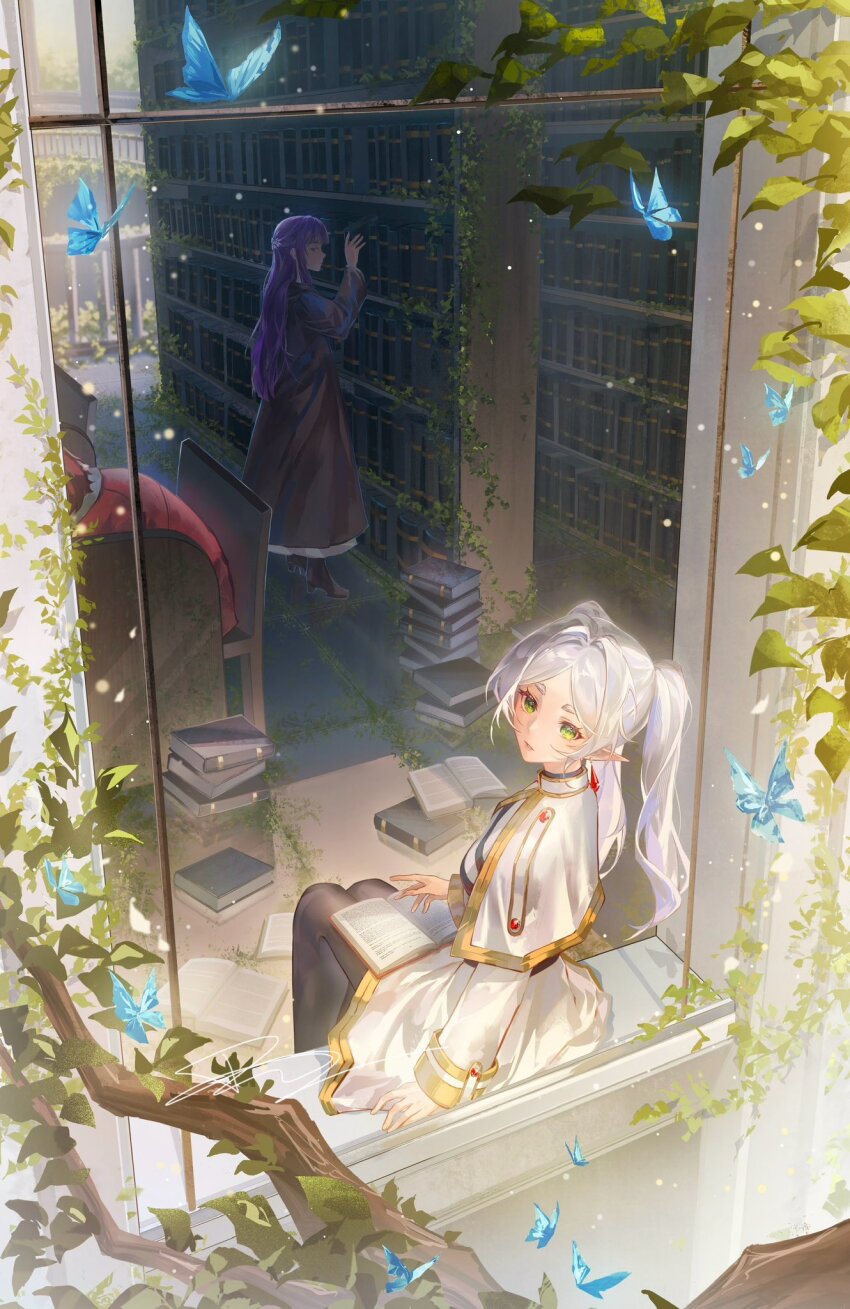 2girls, black_robe, blue_butterfly, book, book_stack, bookshelf, bug, butterfly, capelet, chair, coat, earrings, elf, fern_(sousou_no_frieren), floating_earrings, frieren, from_above, green_eyes, hashtag-only_commentary, highres, indoors, insect, jewelry, leaf, long_hair, looking_back, maplesyrupbeans, multiple_girls, on_chair, open_book, parted_bangs, pointy_ears, purple_hair, red_coat, red_hair, robe, short_hair, sitting, sousou_no_frieren, staff, standing, stark_(sousou_no_frieren), straight_hair, teardrop_earrings, tree, twintails, white_capelet, white_hair, windowsill