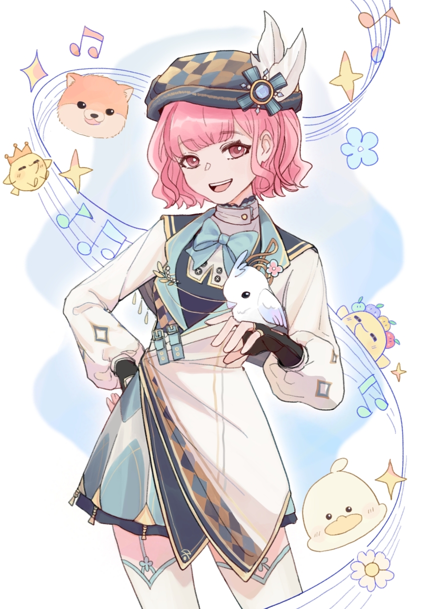 1girl, ambird_(infinity_nikki), animal, aqua_bow, aqua_bowtie, aqua_skirt, baby_animal, beret