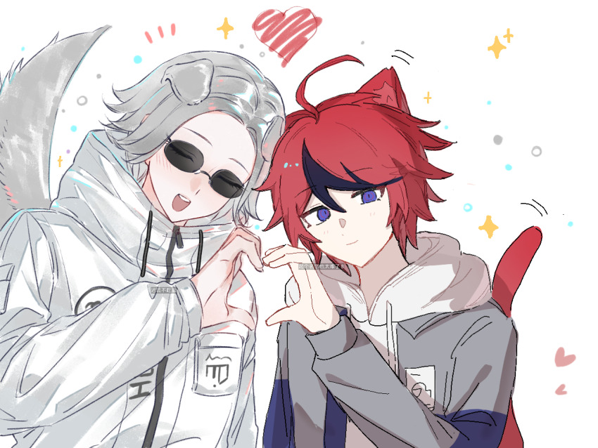 2boys, ahoge, animal_ears, aotsuki_eito, artist_collaboration, black_streaks, blue_eyes, blue_jacket