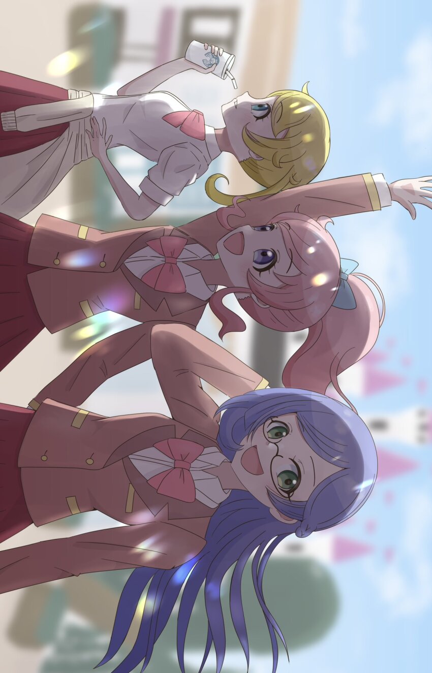 3girls, aoba_rinka, artist_request, blazer, blonde_hair, blue_eyes, blue_hair, bow