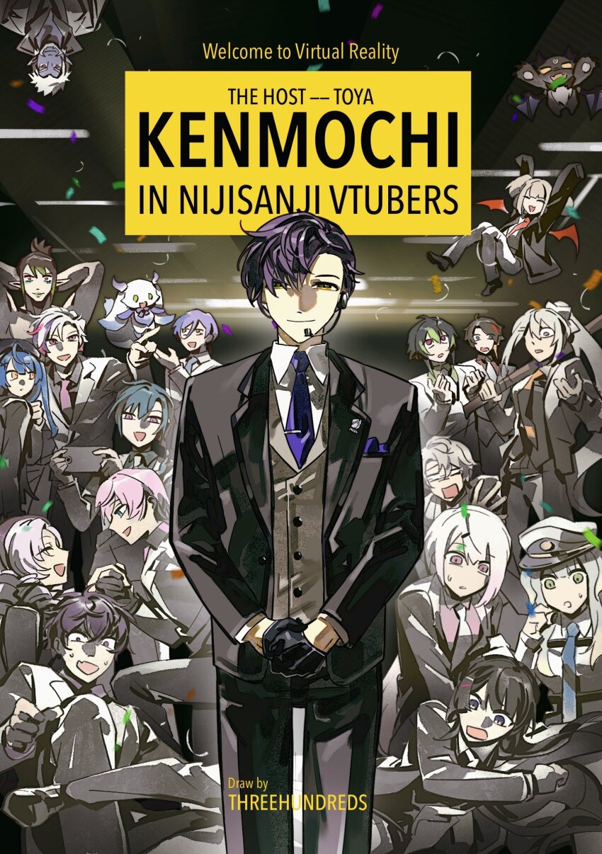 6+boys, 6+girls, alternate_costume, amamiya_kokoro, artist_name, black_gloves, black_jacket, black_pants, blazer, closed_mouth, collared_shirt, confetti, debidebi_debiru, english_text, formal_clothes, fuwa_minato, gilzaren_iii, gloves, green_eyes, grey_vest, half-closed_eyes, half_gloves, hanabatake_chaika, headset, highres, higuchi_kaede, hyakumantenbara_salome, inami_rai, jacket, kaida_haru, kenmochi_touya, kenmochi_touya_(14th_costume), lapels, looking_at_viewer, lunlun_(nijisanji), makaino_ririmu, msm2311, multiple_boys, multiple_girls, necktie, nijisanji, notched_lapels, official_alternate_costume, official_alternate_hairstyle, own_hands_together, pants, parody, poster_parody, purple_hair, purple_necktie, ryuushen, saegusa_akina, saiki_ittetsu, sakaki_ness, shiina_yuika, shioriha_ruri, shirt, smile, suit, the_wolf_of_wall_street, tie_clip, tsukino_mito, vest, virtual_youtuber, white_shirt, wing_collar, yuuhi_riri