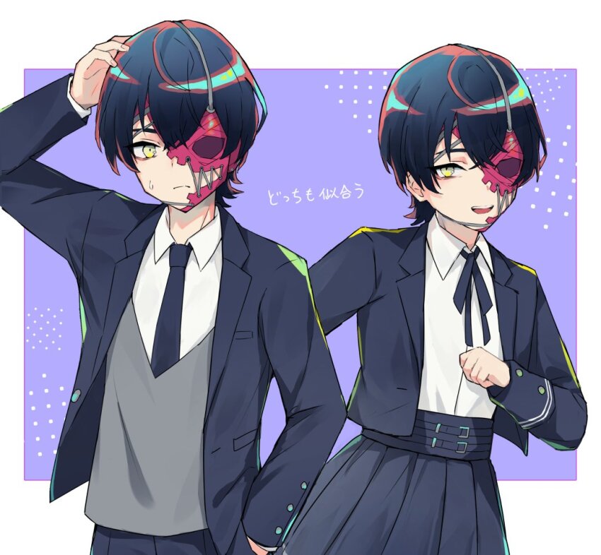 2girls, alternate_costume, armor, black_hair, black_jacket, black_necktie, black_ribbon, black_skirt