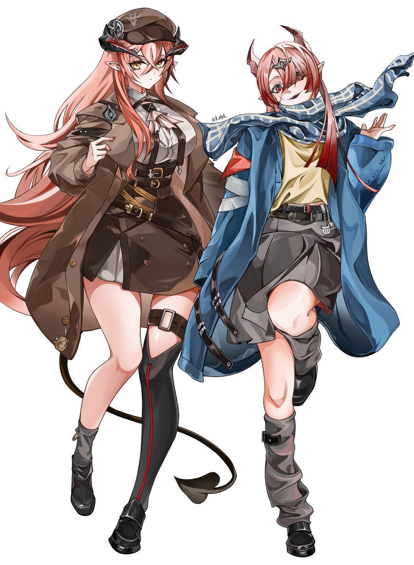 2girls, absurdres, alternate_costume, arknights, black_shoes, black_skirt, blue_coat, blue_shawl, blush, breasts, brown_coat, brown_skirt, chinese_commentary, coat, demon_girl, demon_horns, demon_tail, diamond-shaped_pupils, diamond_(shape), dress_shirt, fangs, forward-facing_horns, full_body, grey_eyes, grey_socks, hair_between_eyes, highres, horns, kneehighs, large_breasts, light_blush, long_hair, looking_at_viewer, multiple_girls, nadine_(unlight), open_mouth, pencil_skirt, pink_hair, pointy_ears, red_nails, red_pupils, shawl, shirt, shoes, skirt, smile, socks, standing, symbol-shaped_pupils, tail, teeth, ulsulah_(arknights), upper_teeth_only, very_long_hair, white_shirt, yellow_eyes, zizaijiuhu