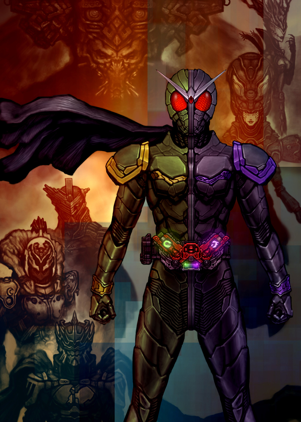 1boy, antennae, belt, black_bodysuit, bodysuit, clay_doll_dopant, compound_eyes, gaia_memory, highres, kamen_rider, kamen_rider_double, kamen_rider_double_(cyclonejoker), kamen_rider_w, katou_yuu, nasca_dopant, scarf, taboo_dopant, terror_dopant, utopia_dopant, weather_dopant