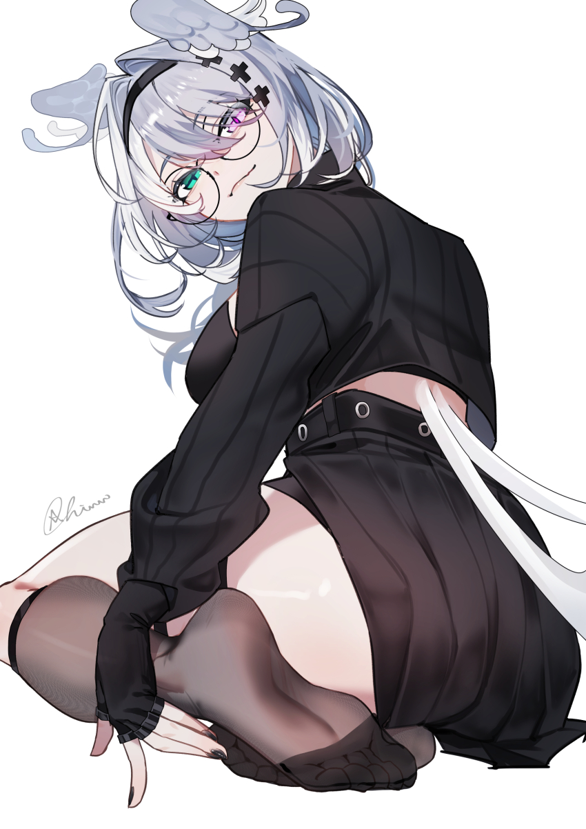 20chinn, :3, absurdres, alternate_costume, aqua_eyes, ass, belt, black-framed_eyewear, black_belt, black_gloves, black_headband, black_nails, black_skirt, black_socks, black_sweater, breasts, closed_mouth, diamond-shaped_pupils, diamond_(shape), elira_pendora, elira_pendora_(goth), eyes_visible_through_hair, fang, feathered_wings, fingerless_gloves, from_below, gloves, hair_intakes, hair_ornament, hair_over_one_eye, hairclip, hand_on_own_ankle, head_tilt, head_wings, headband, heterochromia, high-waist_skirt, highres, kneehighs, large_breasts, looking_at_viewer, looking_back, medium_hair, multicolored_hair, nijisanji, nijisanji_en, official_alternate_costume, pink_eyes, pleated_skirt, round_eyewear, see-through_clothes, see-through_socks, signature, sitting, skeletal_wings, skin_fang, skirt, smile, socks, soles, sweater, symbol-shaped_pupils, turtleneck, turtleneck_sweater, two-tone_hair, virtual_youtuber, white_background, white_hair, wings, yokozuwari