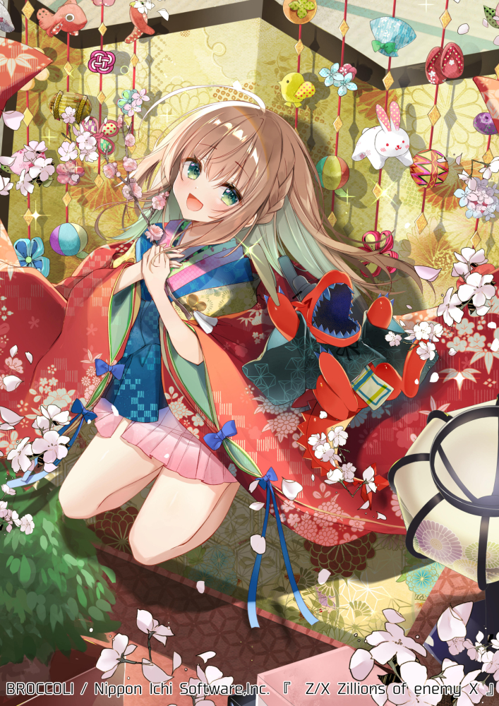 >_<, 1girl, ahoge, bonbori_(lighting), brown_hair, cherry_blossoms, copyright_notice, folding_screen