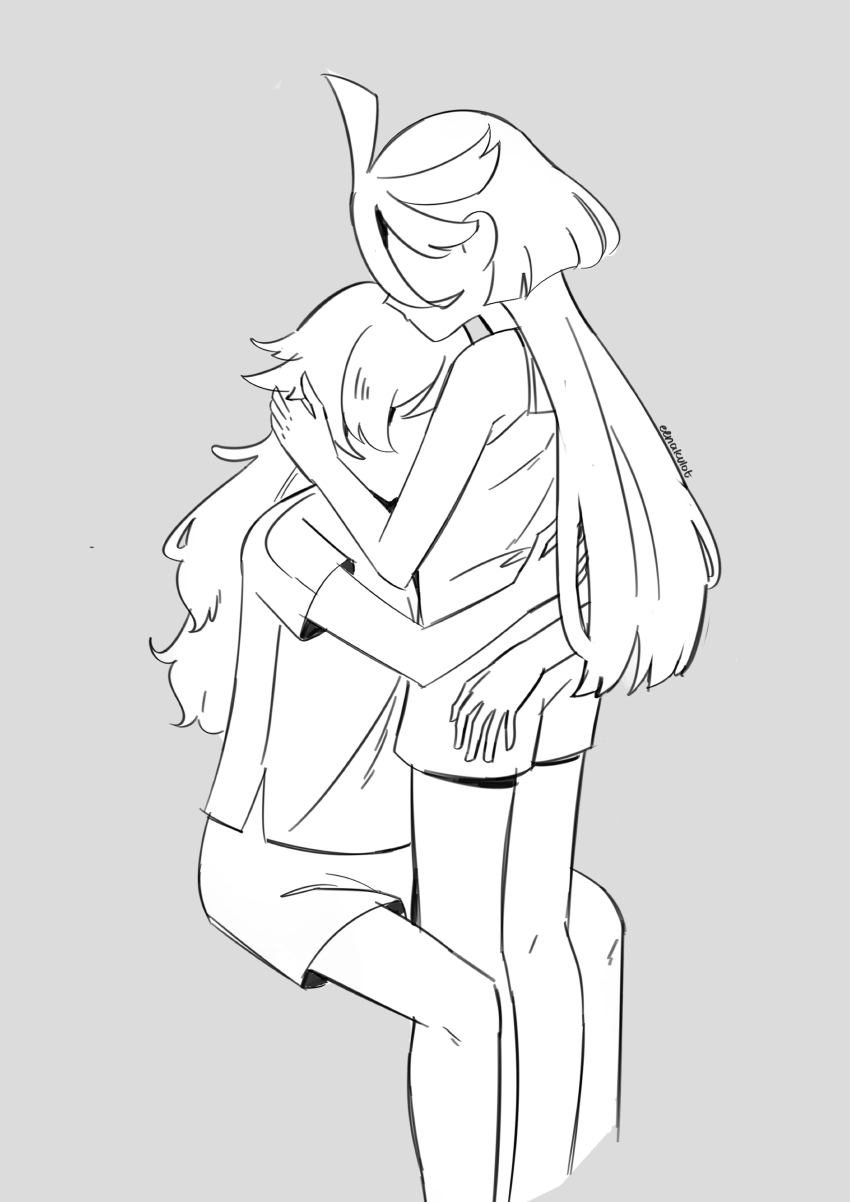 2girls, absurdres, ahoge, arms_around_another's_waist, artist_name, camisole, commentary, eenakulot