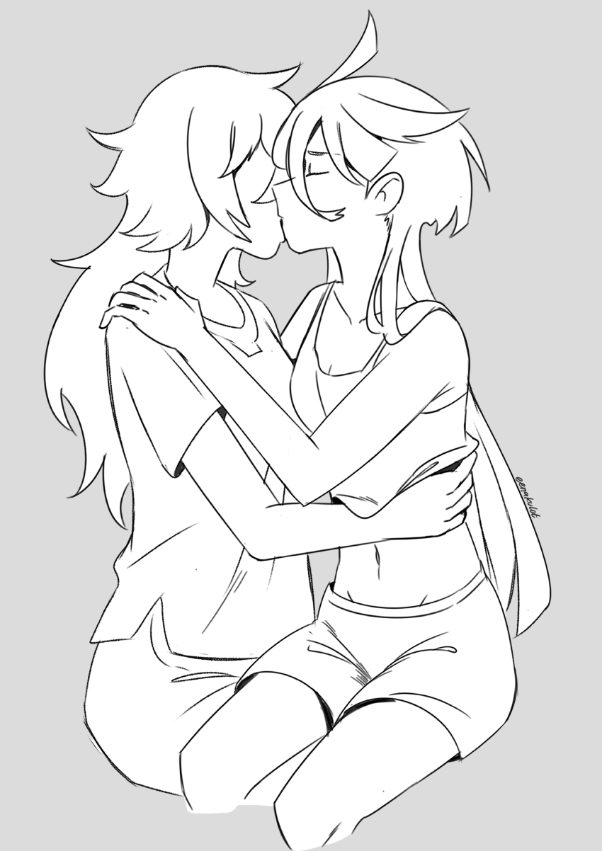 2girls, absurdres, ahoge, artist_name, clothes_lift, commentary, eenakulot, greyscale