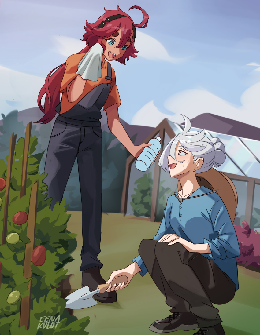 2girls, absurdres, black_hairband, black_overalls, black_pants, blue_eyes, blue_shirt, blue_sky