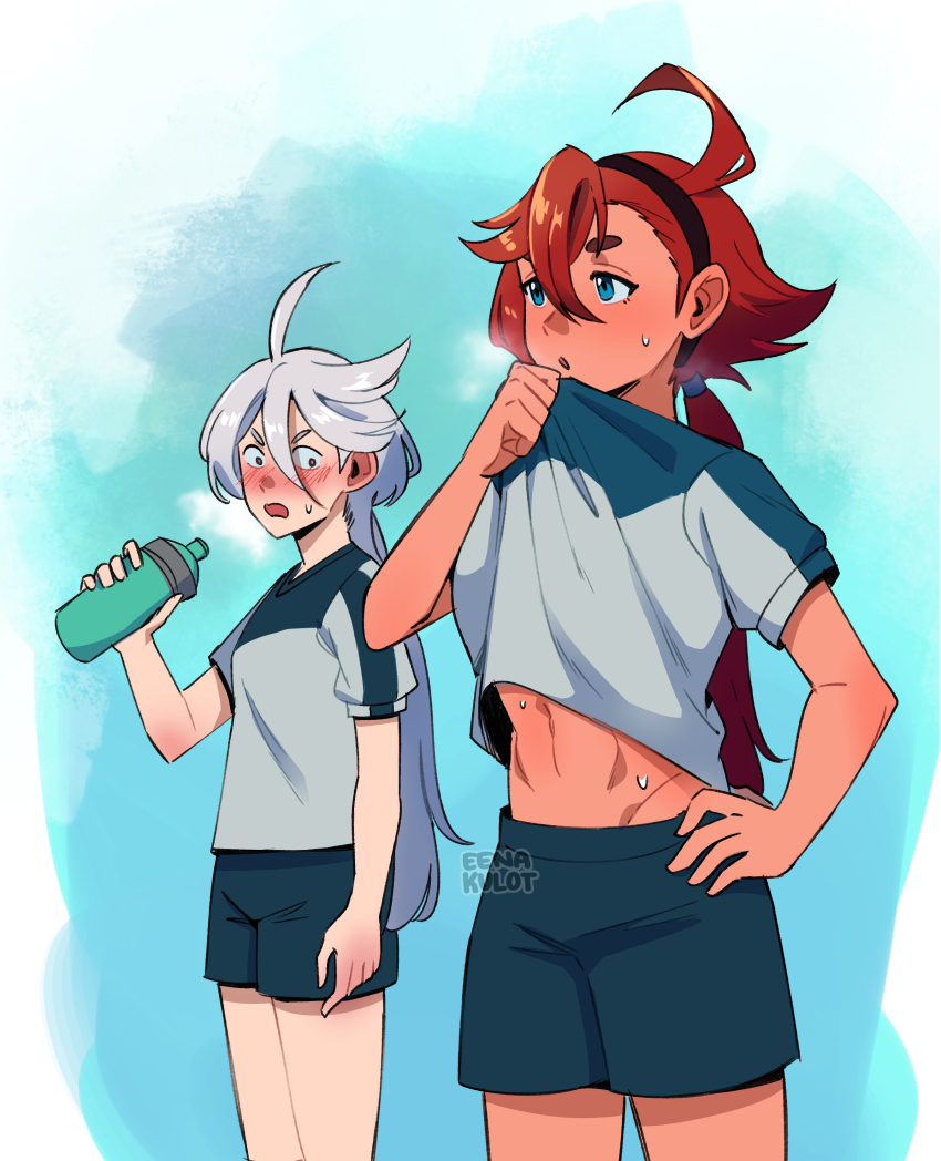 2girls, abs, absurdres, black_hairband, black_shorts, blue_background, blue_eyes, blush, bottle, breath, clothes_lift, commentary_request, eenakulot, grey_hair, grey_shirt, gundam, gundam_suisei_no_majo, gym_uniform, hairband, highres, holding, holding_bottle, long_hair, miorine_rembran, multiple_girls, navel, open_mouth, ponytail, red_hair, romaji_commentary, shirt, shirt_lift, short_sleeves, shorts, suletta_mercury, sweat, toned, toned_female, water_bottle, white_background, wiping_with_clothes, yuri