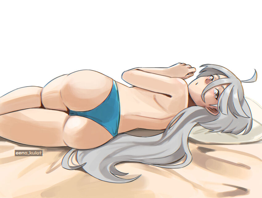 1girl, artist_name, ass, blue_panties, commentary, eenakulot, english_commentary, from_behind, grey_eyes, grey_hair, gundam, gundam_suisei_no_majo, highres, long_hair, looking_back, lying, miorine_rembran, on_side, panties, parted_lips, simple_background, solo, topless_female, underwear, white_background