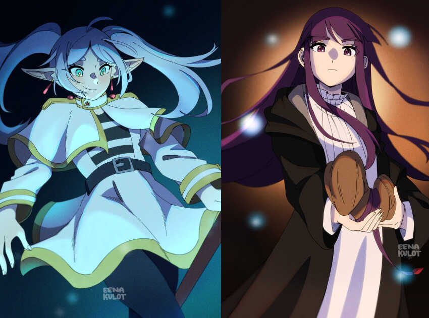 2girls, absurdres, artist_name, black_pantyhose, black_robe, blue_eyes, capelet, closed_mouth, commentary, dress, earrings, eenakulot, elf, english_commentary, fern_(sousou_no_frieren), frieren, highres, holding, holding_staff, jewelry, long_hair, looking_at_viewer, magic, multiple_girls, pantyhose, pointy_ears, purple_eyes, purple_hair, robe, sousou_no_frieren, staff, twintails, white_capelet, white_dress, white_hair