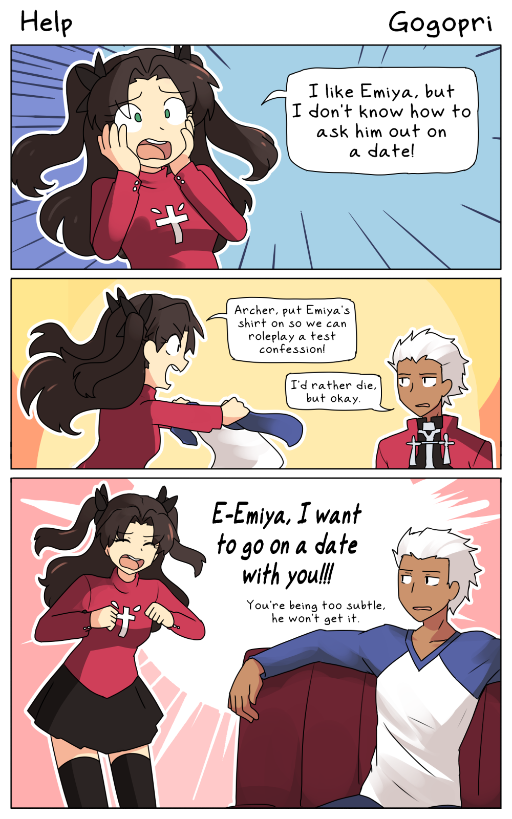 1boy, 1girl, archer_(fate), black_hair, black_ribbon, black_skirt, black_sleeves, black_thighhighs