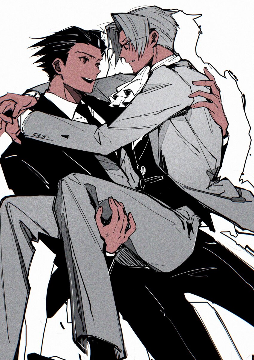 2boys, ace_attorney, ascot, bespectacled, black-framed_eyewear, black_hair, black_jacket, black_necktie