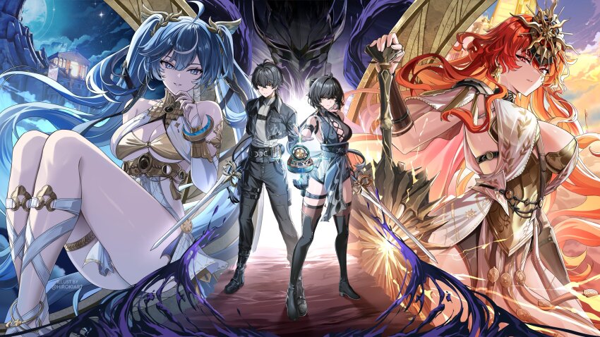 1boy, 3girls, absurdres, ahoge, ancient_greek_clothes, armlet, armor, augusta_(wuthering_waves)