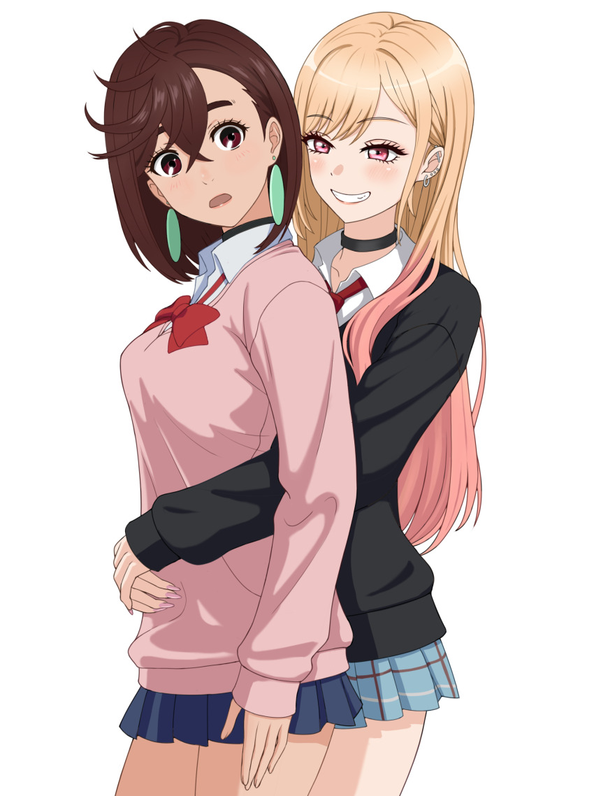 2girls, absurdres, ayase_momo, barbell_piercing, black_choker, black_sweater, blonde_hair, blue_skirt