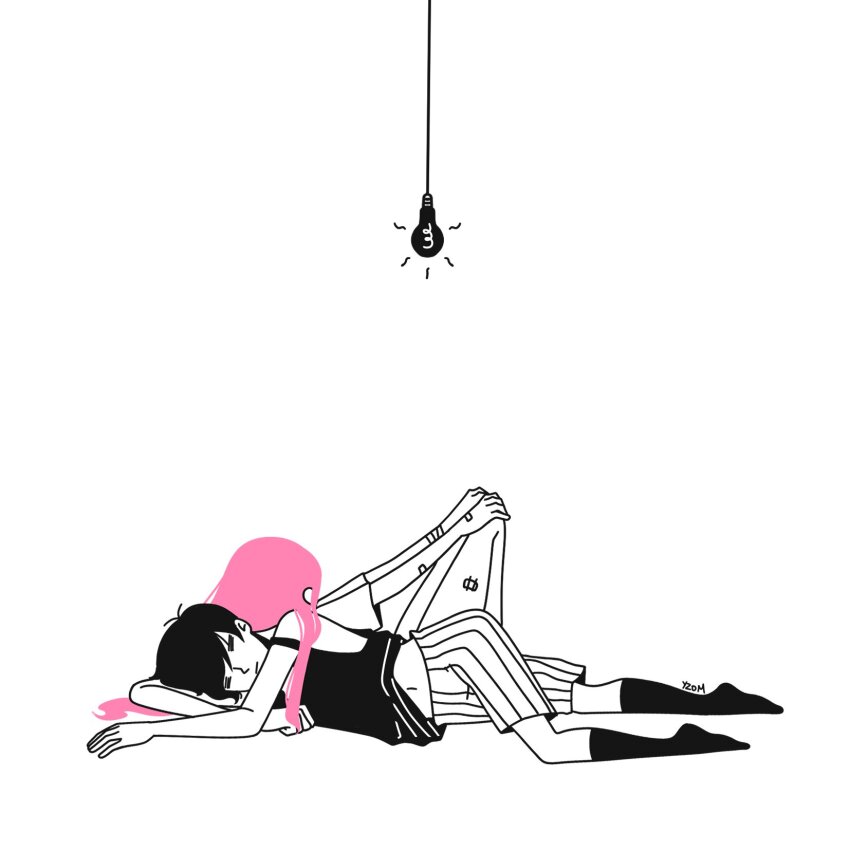 1boy, 1girl, aubrey_(faraway)_(omori), aubrey_(omori), black_hair, black_socks, couple, full_body