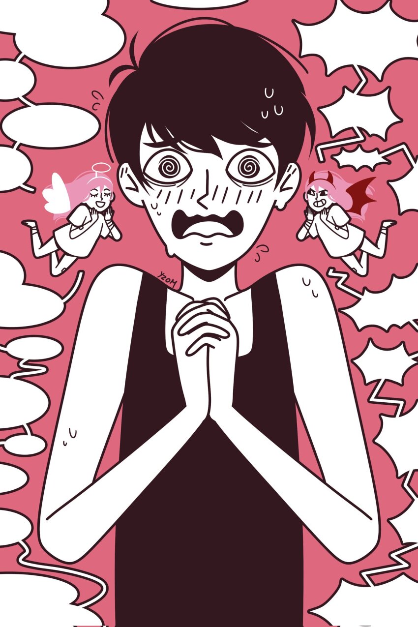 1boy, 1girl, @_@, angel_and_devil, aubrey_(faraway)_(omori), aubrey_(omori), black_eyes, black_hair