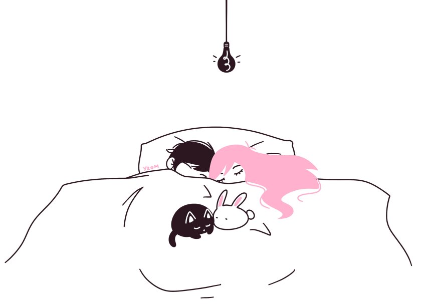 1boy, 1girl, absurdres, aubrey_(faraway)_(omori), aubrey_(omori), black_hair, bun-bun_(omori), cat, couple, full_body, highres, long_hair, mewo, omori, omoriboy, pillow, pink_hair, rabbit, simple_background, yzomiris