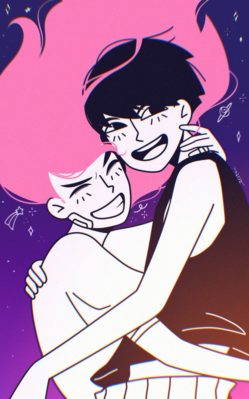 1boy, 1girl, aubrey_(faraway)_(omori), aubrey_(omori), black_eyes, black_hair, black_socks, couple, happy, highres, long_hair, omori, omoriboy, pink_hair, short_hair, smile, socks, white_background, yzomiris