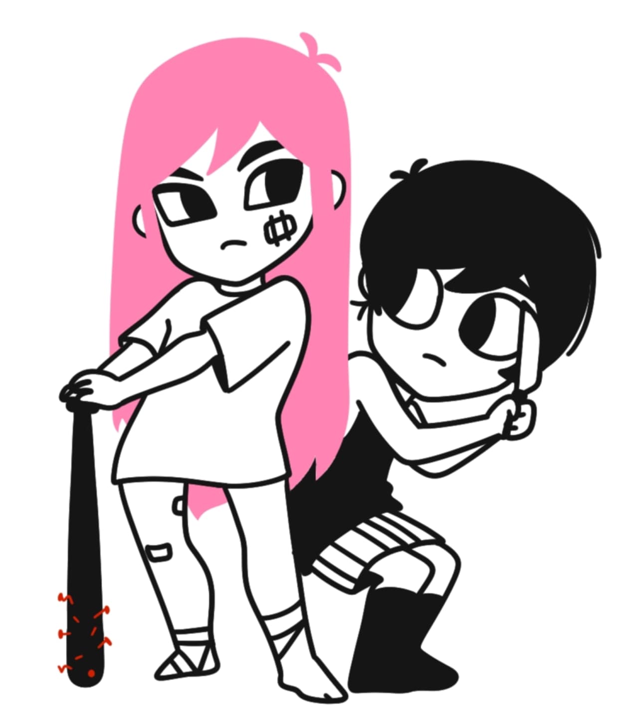 1boy, 1girl, aubrey_(faraway)_(omori), aubrey_(omori), black_eyes, black_hair, black_socks, chibi