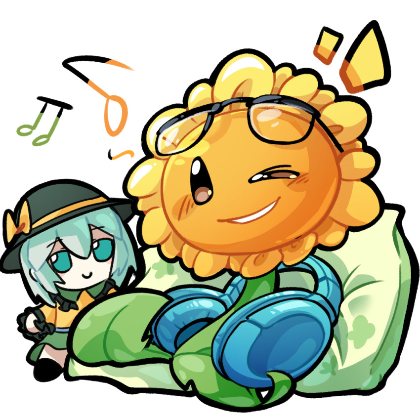 ;d, black-framed_eyewear, black_eyes, character_doll, chinese_commentary, commentary_request, doll, eyewear_on_head, flower, flower_focus, fumo_(doll), glasses, grin, headphones, komeiji_koishi, leaf, looking_at_viewer, musical_note, notice_lines, one_eye_closed, open_mouth, pillow, plants_vs._zombies, shenmeshihou, simple_background, smile, solid_oval_eyes, solo, sunflower, sunflower_(plants_vs._zombies), touhou, white_background