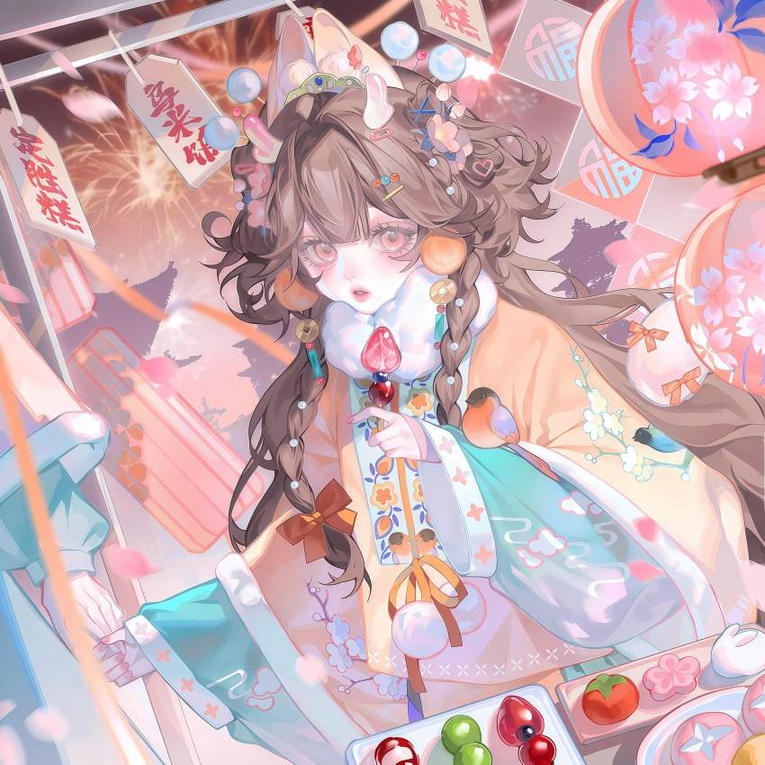 1girl, absurdres, animal_ears, braid, brown_eyes, brown_hair, candy_apple, cherry_blossoms