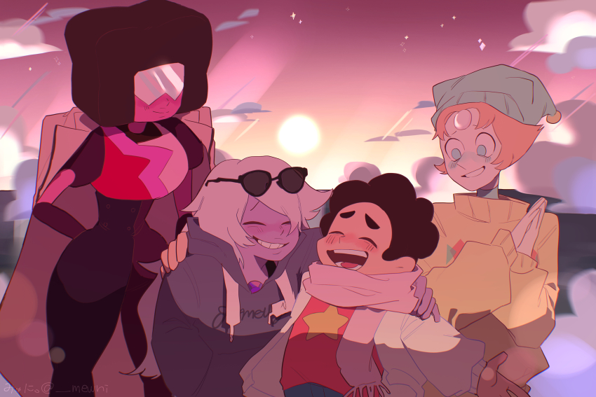 1boy, 3girls, absurdres, afro, amethyst_(steven_universe), blush, child, colored_skin, eyewear_on_head, garnet_(steven_universe), gem_(steven_universe), grin, hat, highres, mea_mewni, multiple_girls, official_alternate_costume, pearl_(species)_(steven_universe), pearl_(steven_universe), puffy_short_sleeves, puffy_sleeves, short_sleeves, smile, steven_quartz_universe, steven_universe, sunglasses