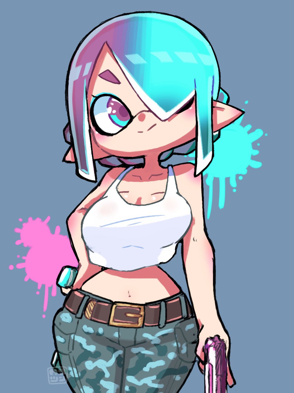 1girl, aqua_hair, belt, blue_background, brown_belt, camouflage, camouflage_pants, closed_mouth